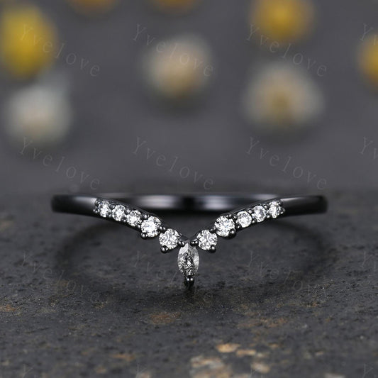 Dainty black rutilated quartz wedding ring silver black gold wedding band Moissanite V Curved  Stacking matching band Bridal Promise band
