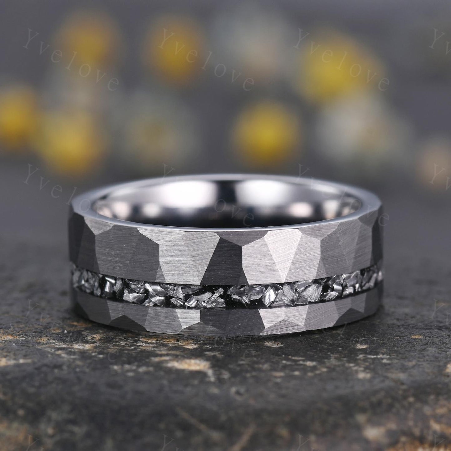 Hexagon Blue Onyx Couples Ring Set,Meteorite Ring,His and Hers Wedding Band,Mens Tungsten Silver Couple Rings Anniversary Gift Promise Ring