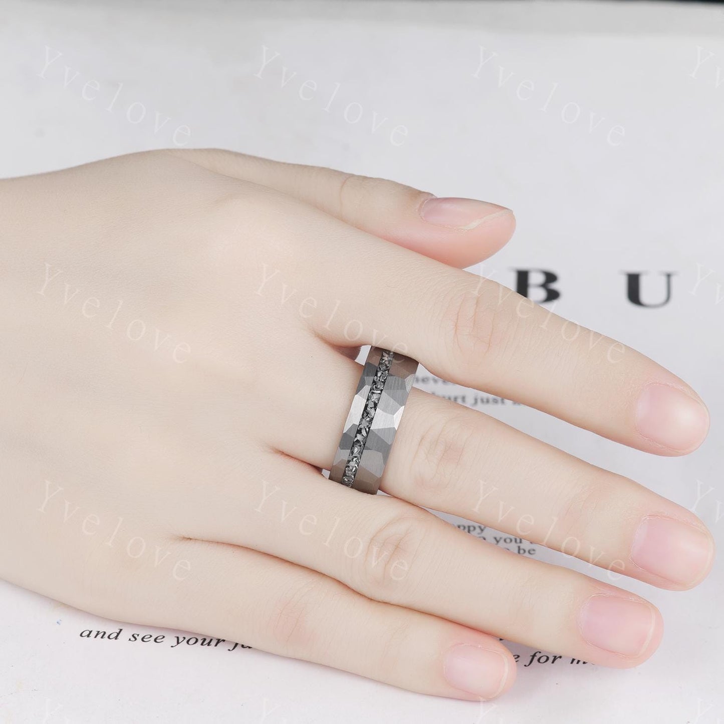Hexagon Blue Onyx Couples Ring Set,Meteorite Ring,His and Hers Wedding Band,Mens Tungsten Silver Couple Rings Anniversary Gift Promise Ring