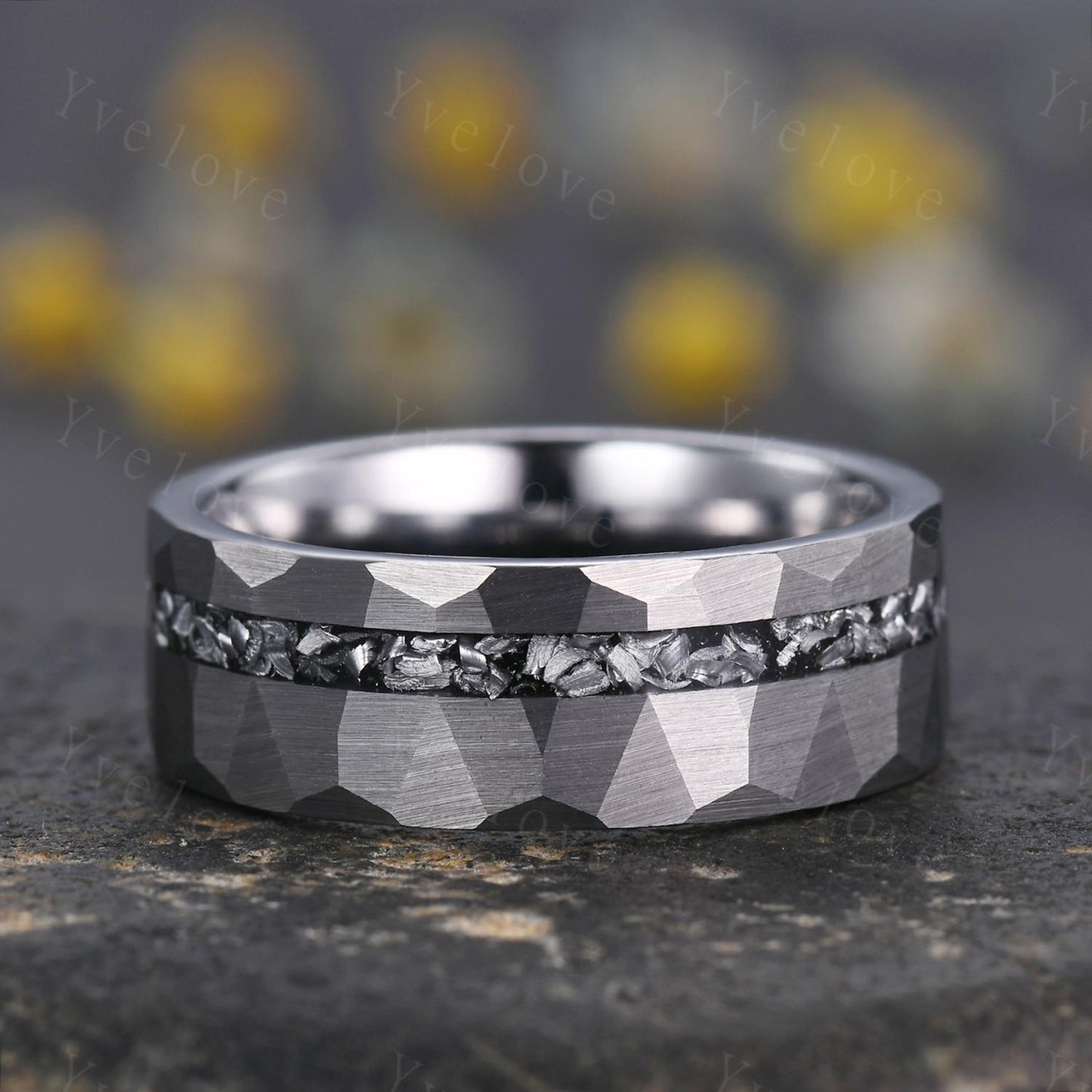 Hexagon Blue Onyx Couples Ring Set,Meteorite Ring,His and Hers Wedding Band,Mens Tungsten Silver Couple Rings Anniversary Gift Promise Ring