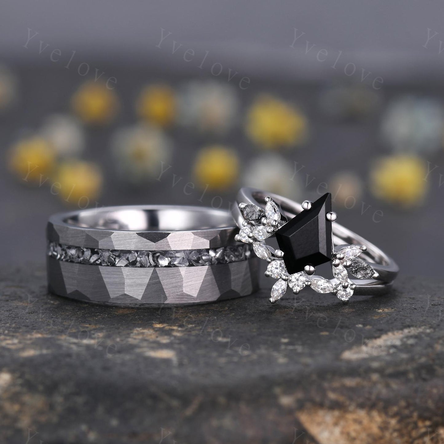 Hexagon Blue Onyx Couples Ring Set,Meteorite Ring,His and Hers Wedding Band,Mens Tungsten Silver Couple Rings Anniversary Gift Promise Ring
