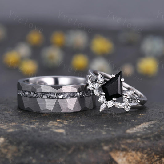 Hexagon Blue Onyx Couples Ring Set,Meteorite Ring,His and Hers Wedding Band,Mens Tungsten Silver Couple Rings Anniversary Gift Promise Ring