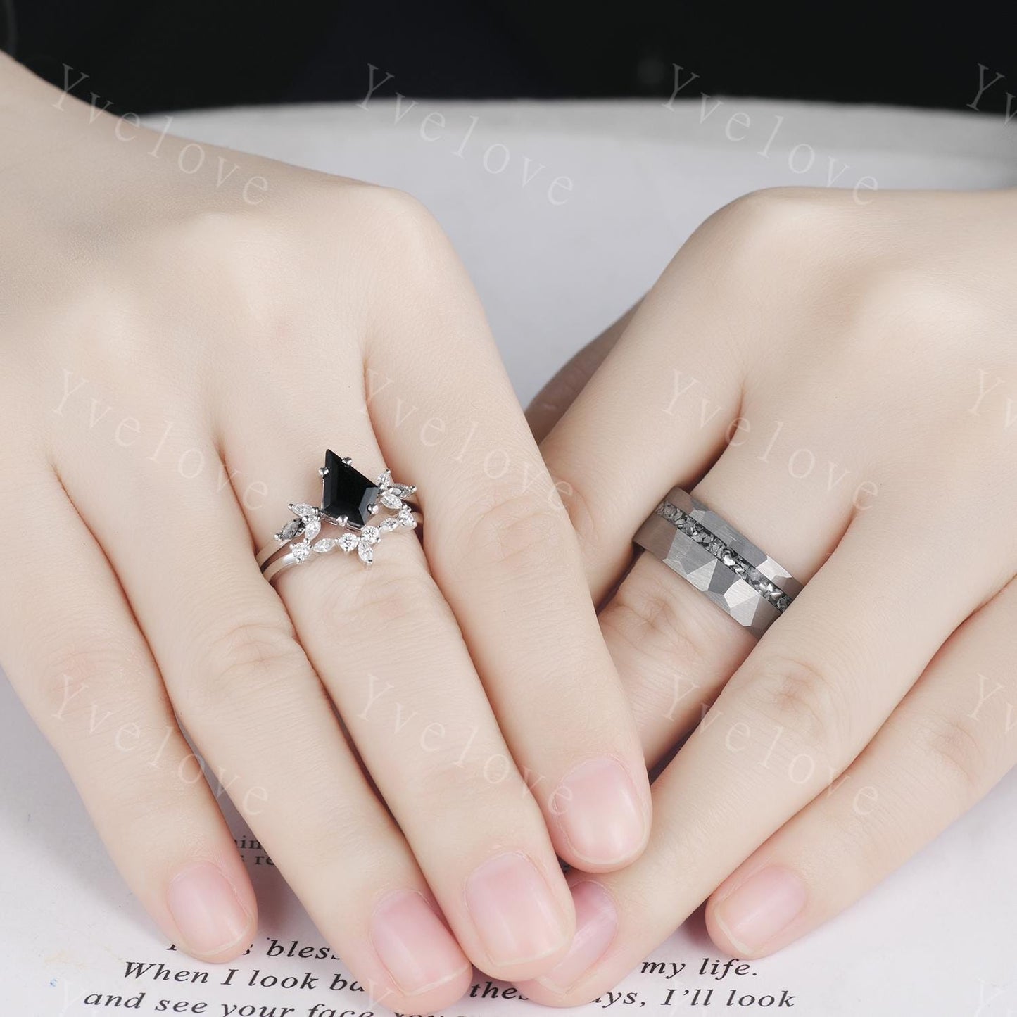 Hexagon Blue Onyx Couples Ring Set,Meteorite Ring,His and Hers Wedding Band,Mens Tungsten Silver Couple Rings Anniversary Gift Promise Ring