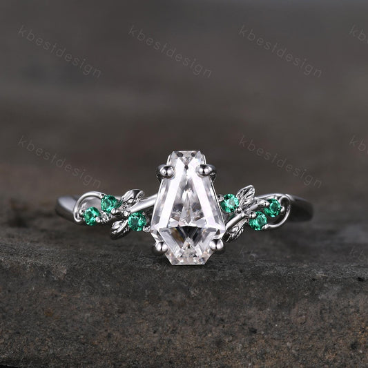 Coffin cut moissanite engagement ring 14k white gold ring Art deco leaf design emerald wedding ring nature inspired ring bridal promise ring