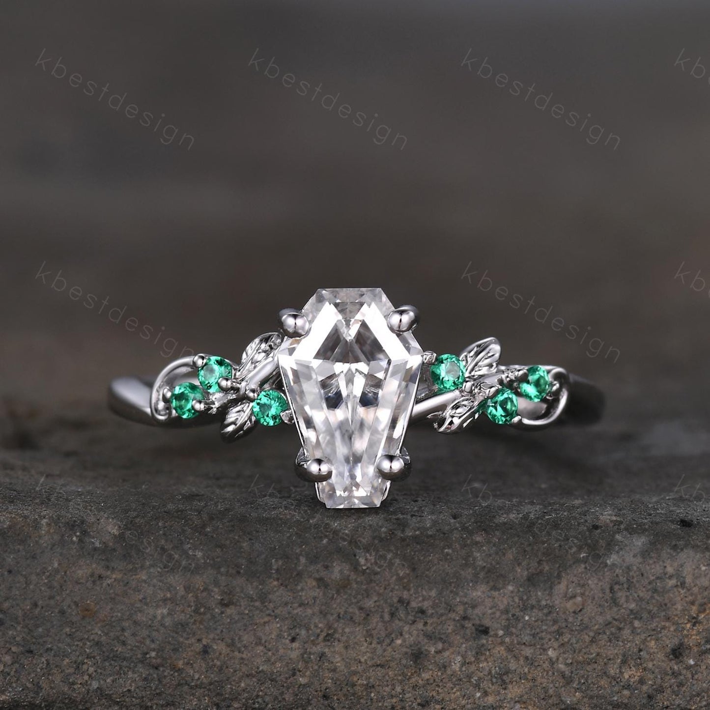 Coffin cut moissanite engagement ring 14k white gold ring Art deco leaf design emerald wedding ring nature inspired ring bridal promise ring