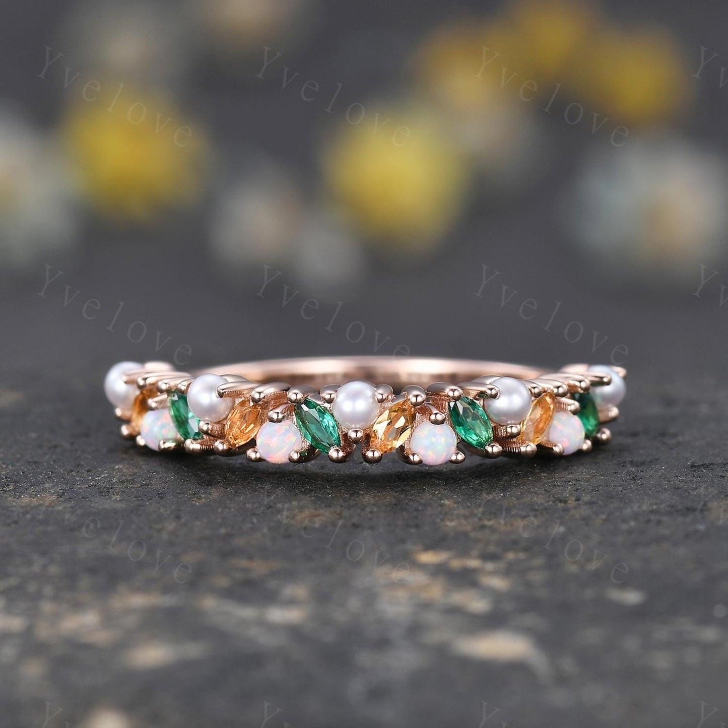 Emerald citrine wedding band art deco opal ring pearl ring gold ring marquise gems promise bridal stacking matching band birthstone gift