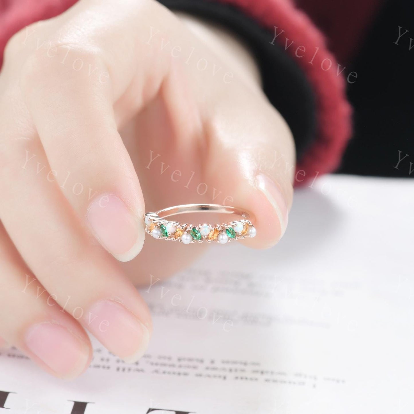 Emerald citrine wedding band art deco opal ring pearl ring gold ring marquise gems promise bridal stacking matching band birthstone gift