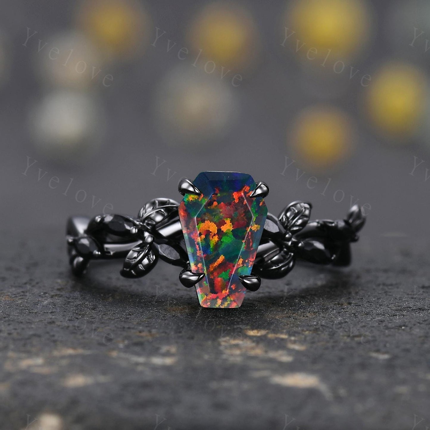 Coffin Shape Black Fire Opal Ring,Gothic Twig Vine Leaf Ring,Antique Black Spinel Bridal Promise Ring Set Nature Inspired Black Gold band
