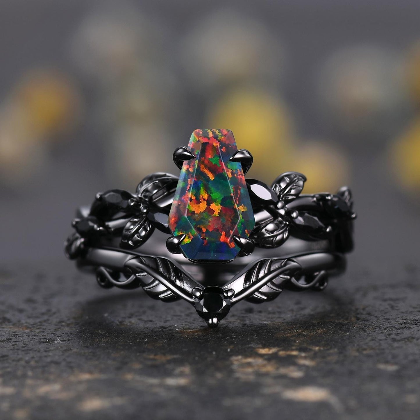 Coffin Shape Black Fire Opal Ring,Gothic Twig Vine Leaf Ring,Antique Black Spinel Bridal Promise Ring Set Nature Inspired Black Gold band