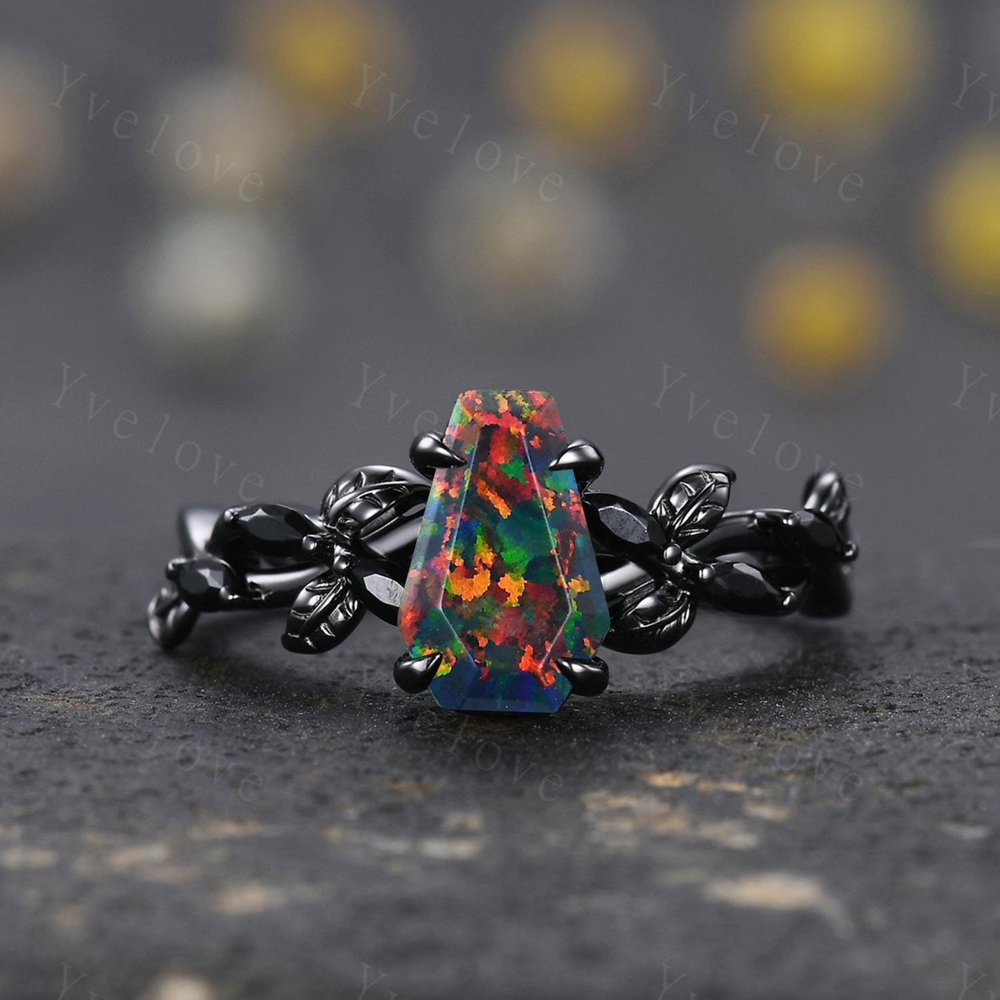 Coffin Shape Black Fire Opal Ring,Gothic Twig Vine Leaf Ring,Antique Black Spinel Bridal Promise Ring Set Nature Inspired Black Gold band