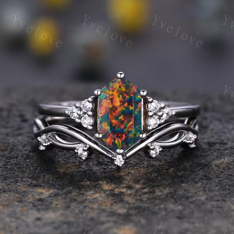 Retro Hexagon Black Fire Opal Ring,Vintage Sterling Silver Ring Set,Unique Opal Engagement Ring,Promise Ring,Anniversary Ring Gift For Her