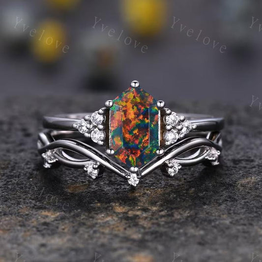 Retro Hexagon Black Fire Opal Ring,Vintage Sterling Silver Ring Set,Unique Opal Engagement Ring,Promise Ring,Anniversary Ring Gift For Her
