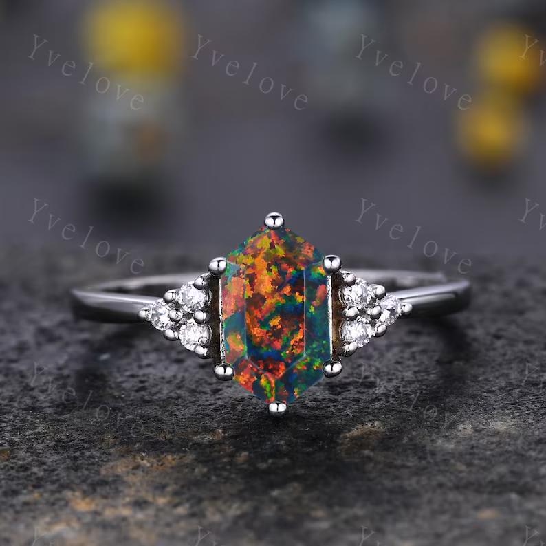 Retro Hexagon Black Fire Opal Ring,Vintage Sterling Silver Ring Set,Unique Opal Engagement Ring,Promise Ring,Anniversary Ring Gift For Her