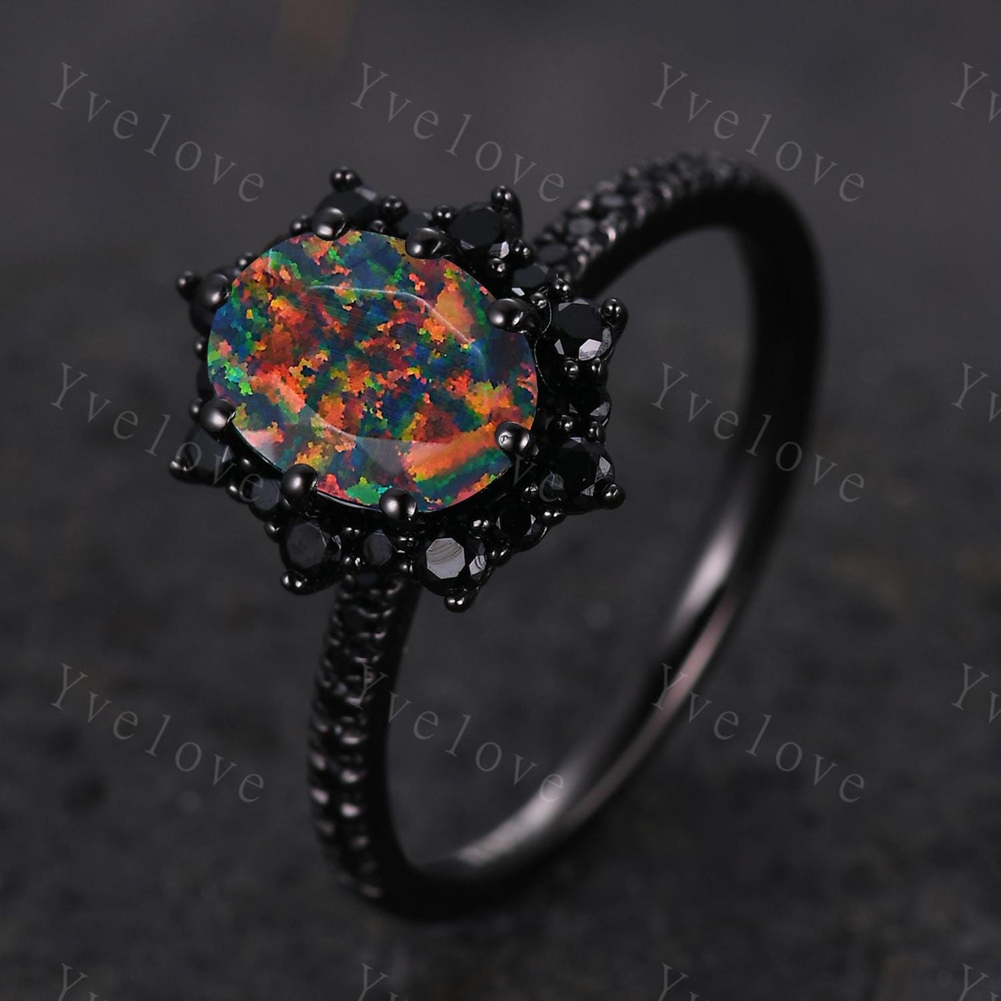 Gothic Oval Shape Black Fire Opal Engagement Ring Set,Black Gold Black Diamond Promise Ring Unique Rhodium Black Witchy Ring Bridal Set Gift