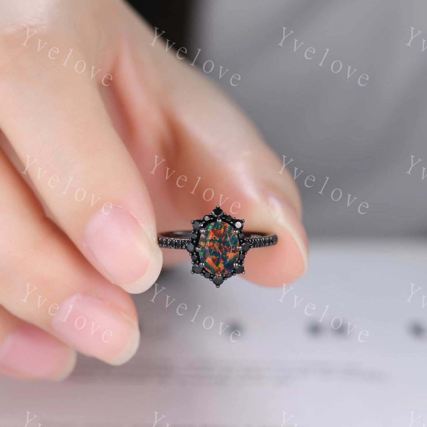 Gothic Oval Shape Black Fire Opal Engagement Ring Set,Black Gold Black Diamond Promise Ring Unique Rhodium Black Witchy Ring Bridal Set Gift