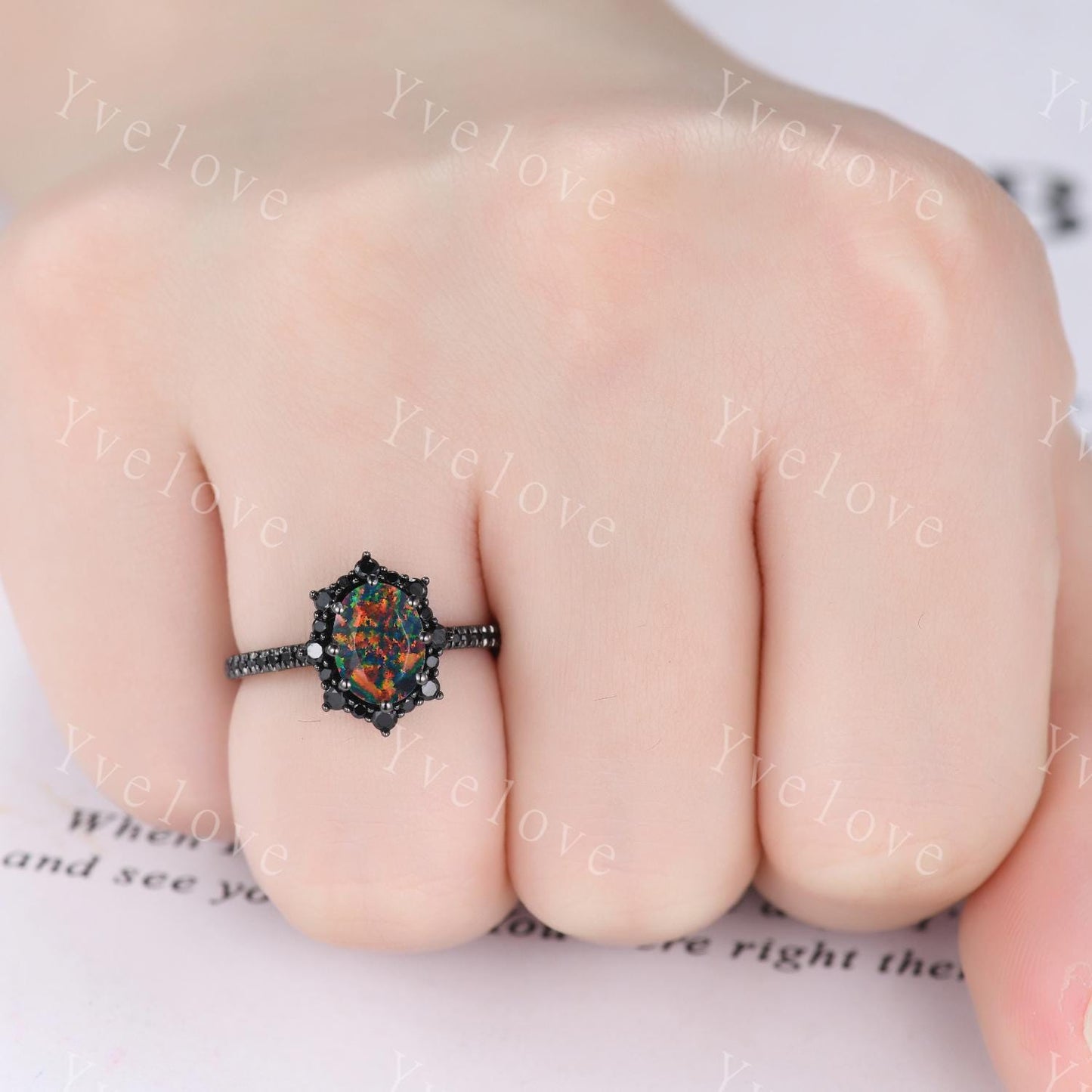 Gothic Oval Shape Black Fire Opal Engagement Ring Set,Black Gold Black Diamond Promise Ring Unique Rhodium Black Witchy Ring Bridal Set Gift