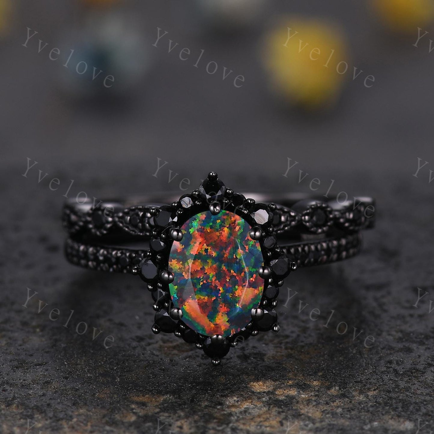 Gothic Oval Shape Black Fire Opal Engagement Ring Set,Black Gold Black Diamond Promise Ring Unique Rhodium Black Witchy Ring Bridal Set Gift