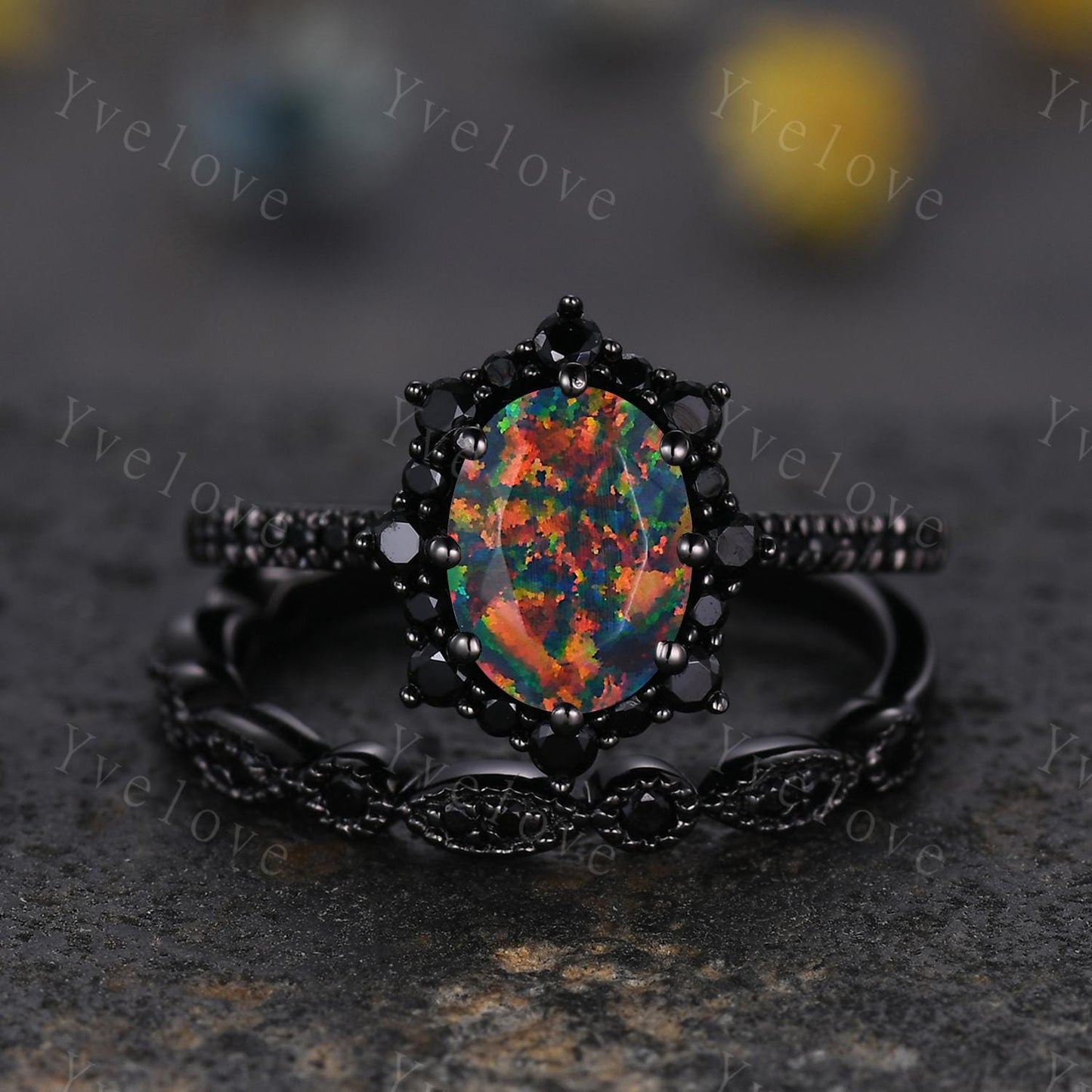 Gothic Oval Shape Black Fire Opal Engagement Ring Set,Black Gold Black Diamond Promise Ring Unique Rhodium Black Witchy Ring Bridal Set Gift