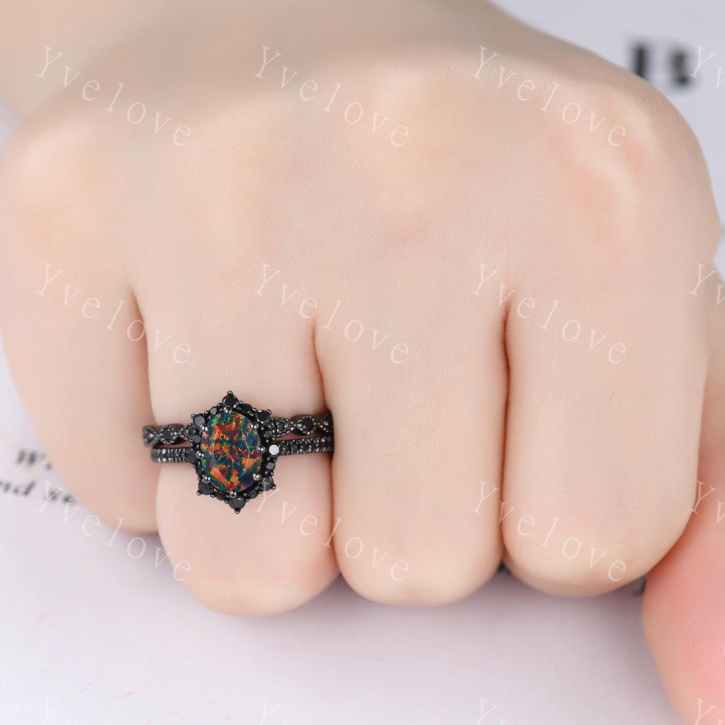 Gothic Oval Shape Black Fire Opal Engagement Ring Set,Black Gold Black Diamond Promise Ring Unique Rhodium Black Witchy Ring Bridal Set Gift