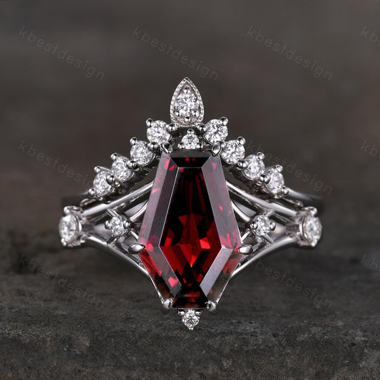 12x8mm Coffin cut Garnet Ring Unique Statement Ring Art Deco Engagement Ring Set Curved Moissanite Stacking Band Promise Bridal Ring