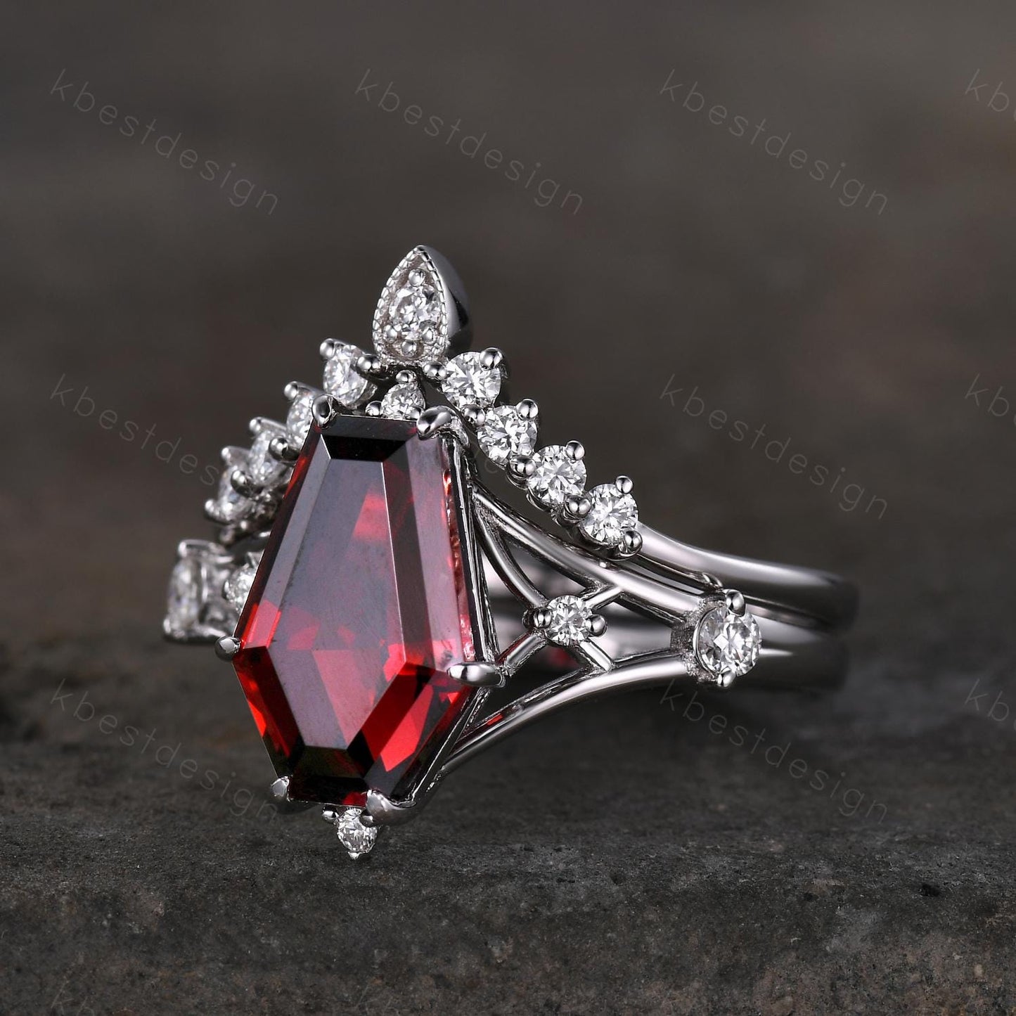 12x8mm Coffin cut Garnet Ring Unique Statement Ring Art Deco Engagement Ring Set Curved Moissanite Stacking Band Promise Bridal Ring