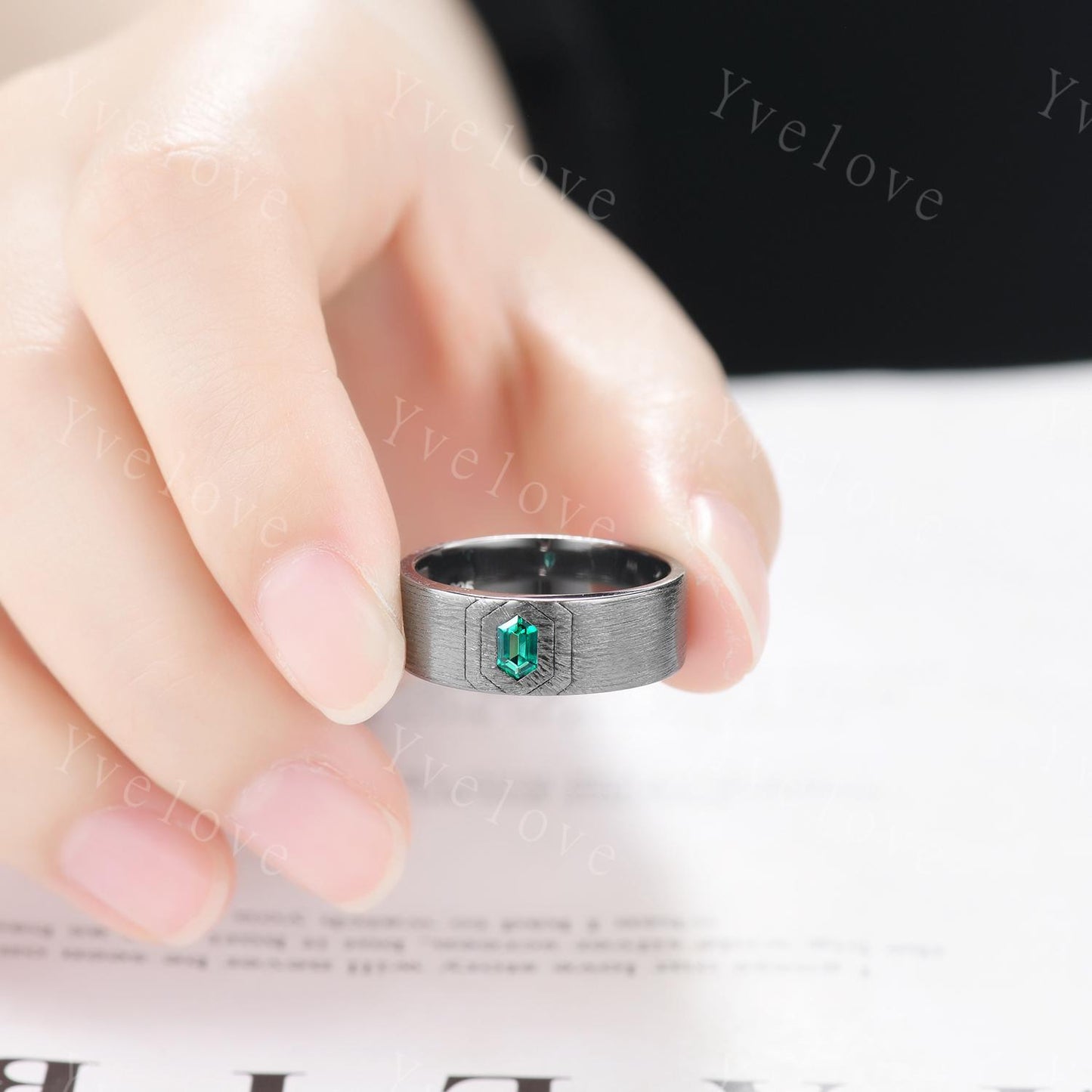 7mm Black Gold Mens Hexagon Emerald Wedding Band Green Emerald Engagement Ring Brush Finished Band Mens Stacking Band Promise Ring Handmade