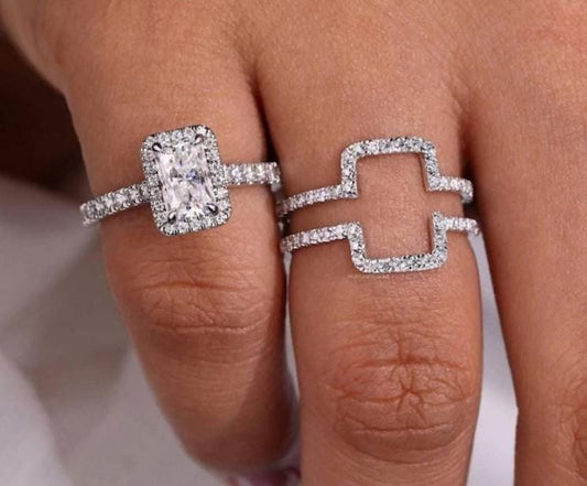 Custom order for Teri, 2pcs ring set, center stone 5x7mm radiant cut moissanite, side stones moissanite, sterling silver.