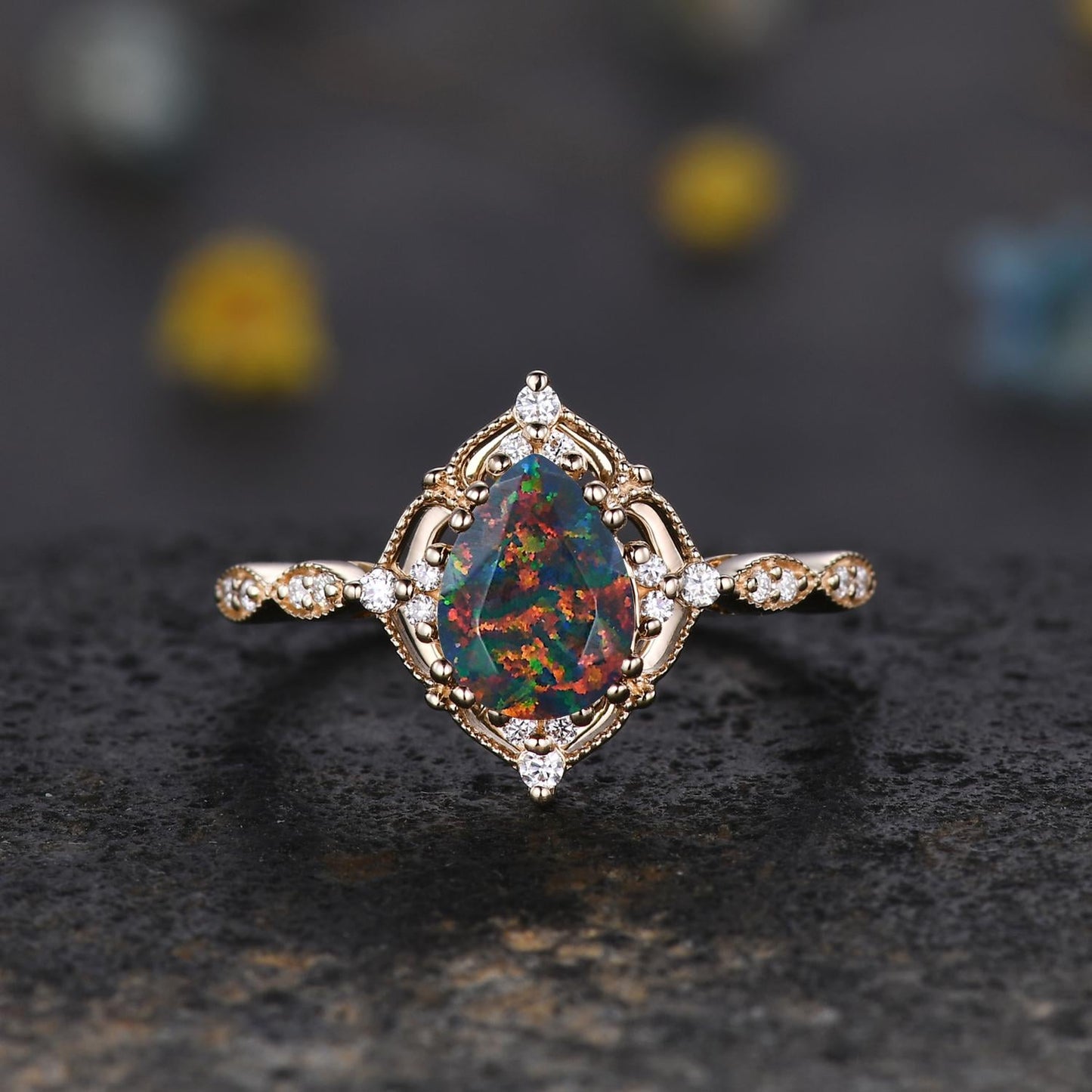 Vintage Black Fire Opal Engagement Ring Set,Pear Black Opal Ring,14K Solid Gold Ring,Unique Women Moissanite Promise Ring For Her,Handmade