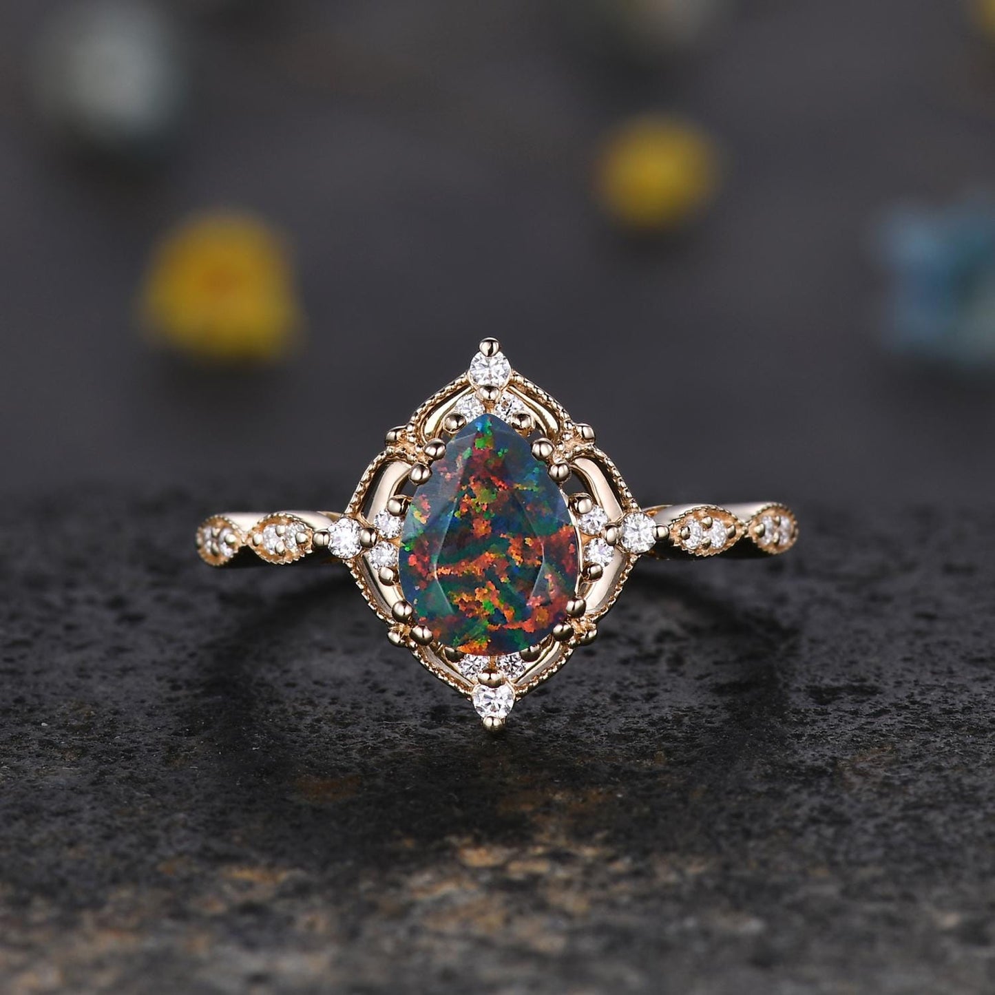 Vintage Black Fire Opal Engagement Ring,Pear Shape Black Opal Ring,14K Solid Gold Ring,Unique Women Moissanite Promise Ring For Her,Handmade
