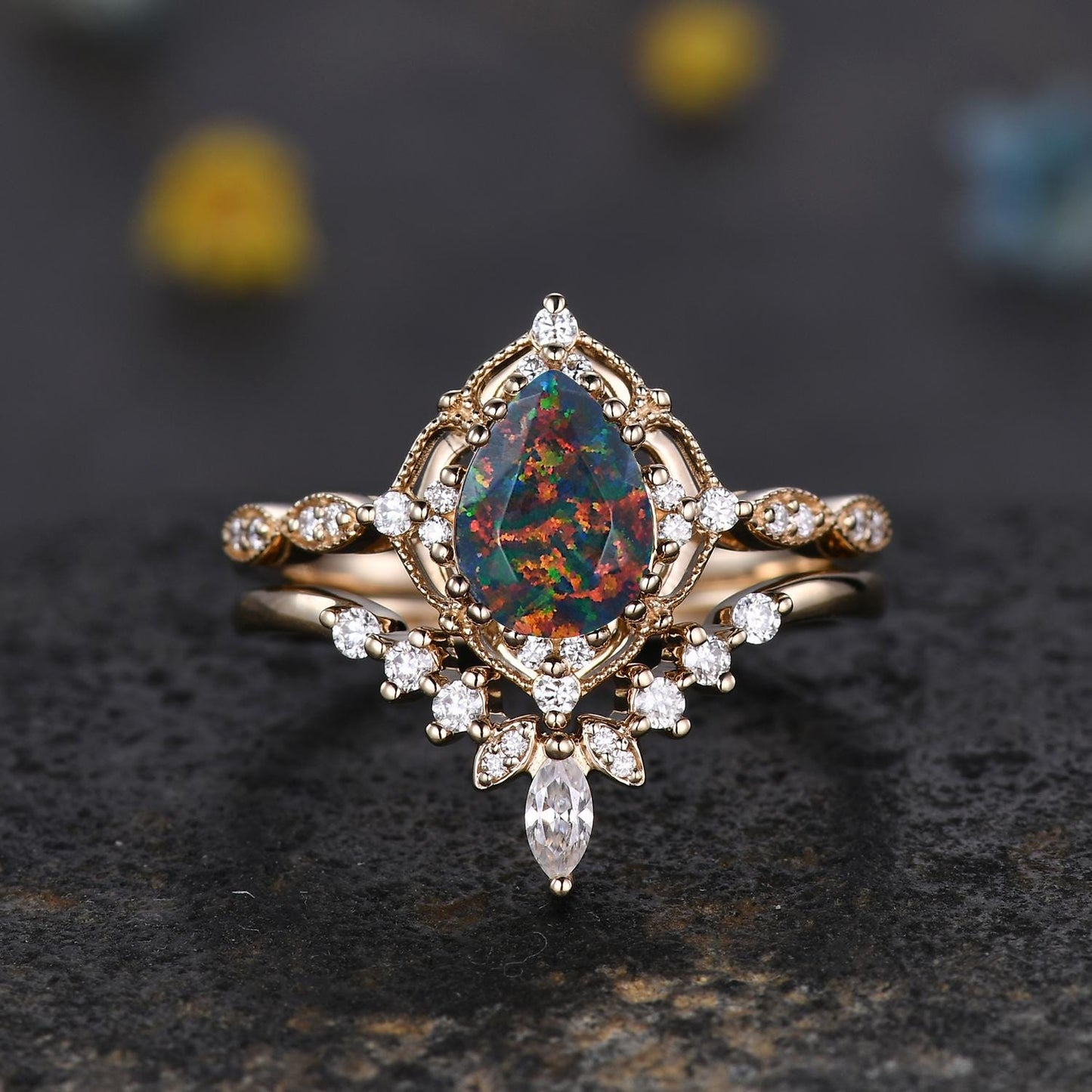 Vintage Black Fire Opal Engagement Ring,Pear Shape Black Opal Ring,14K Solid Gold Ring,Unique Women Moissanite Promise Ring For Her,Handmade