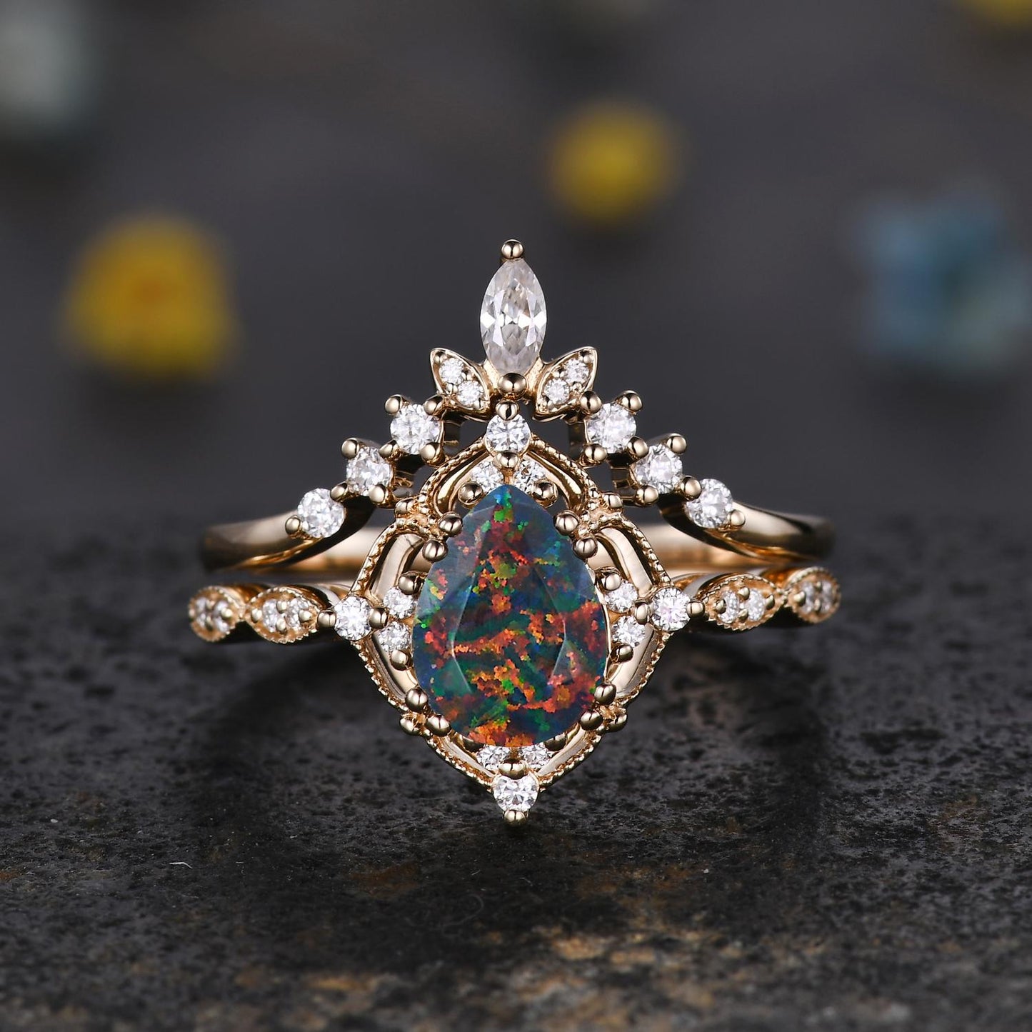 Vintage Black Fire Opal Engagement Ring,Pear Shape Black Opal Ring,14K Solid Gold Ring,Unique Women Moissanite Promise Ring For Her,Handmade
