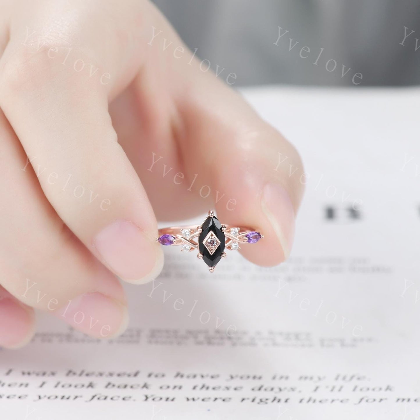 Vintage Marquise Black Onyx Engagement Ring Set Rose Gold Unique Amethyst Diamond Ring Antique Bridal Ring Set Promise Anniversary Gift Ring