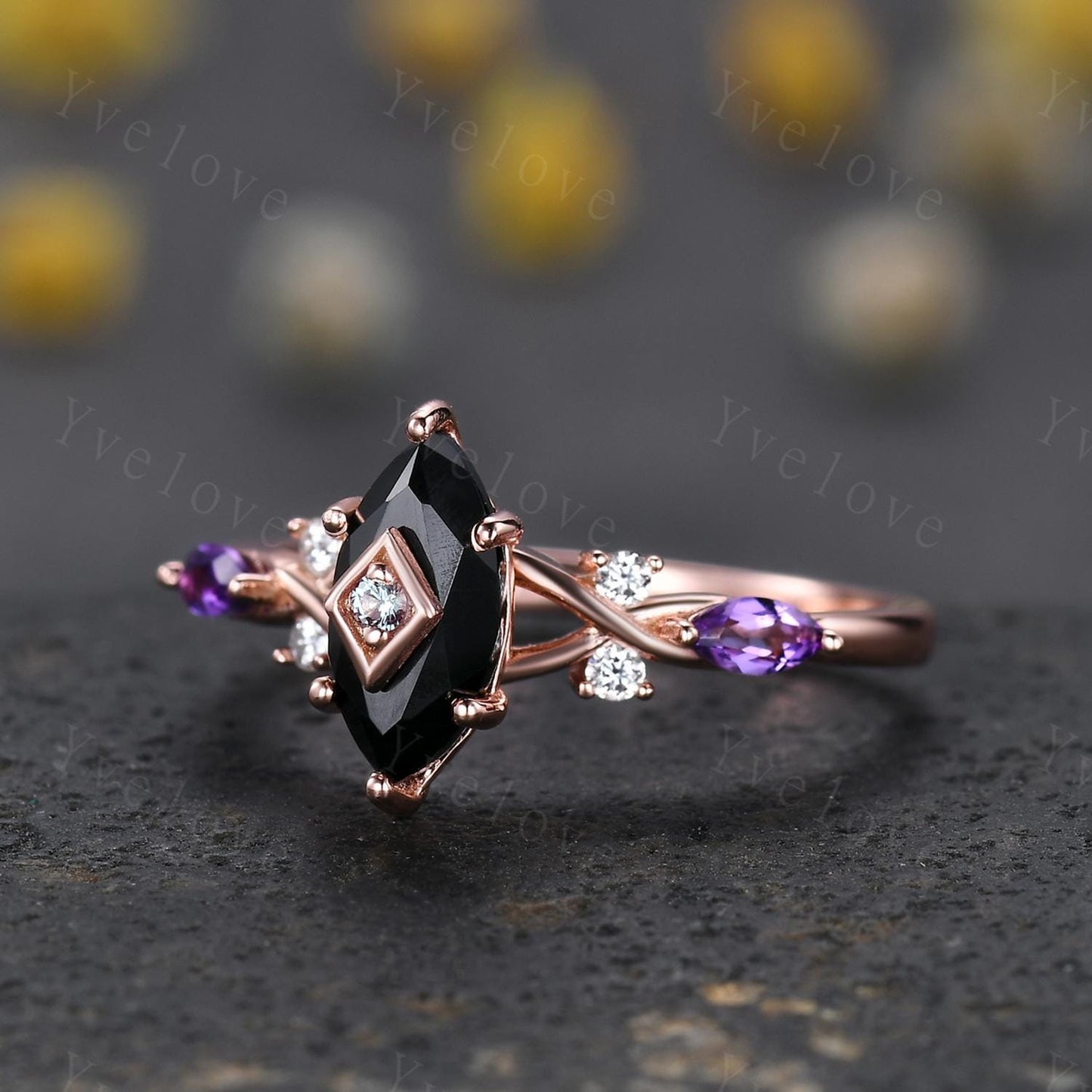 Vintage Marquise Black Onyx Engagement Ring Rose Gold Unique Amethyst Diamond Ring Onyx Ring Antique Bridal Promise Anniversary Gift Ring