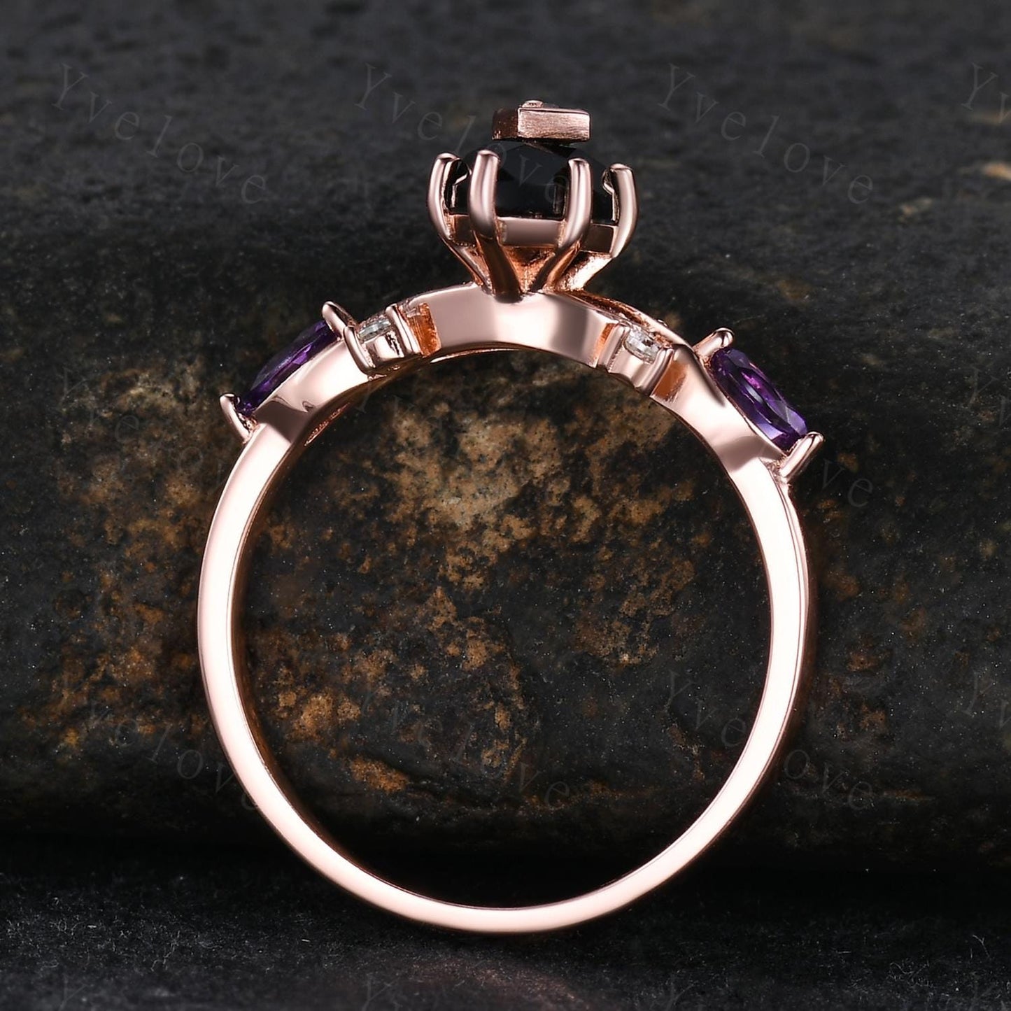 Vintage Marquise Black Onyx Engagement Ring Set Rose Gold Unique Amethyst Diamond Ring Antique Bridal Ring Set Promise Anniversary Gift Ring