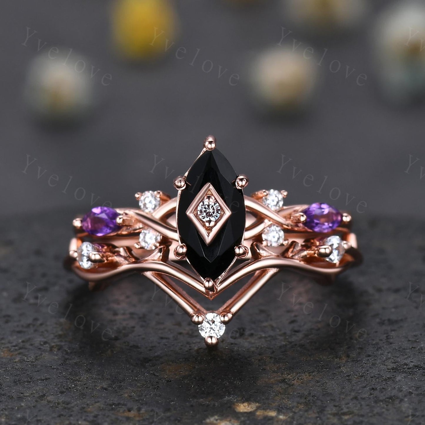 Vintage Marquise Black Onyx Engagement Ring Set Rose Gold Unique Amethyst Diamond Ring Antique Bridal Ring Set Promise Anniversary Gift Ring