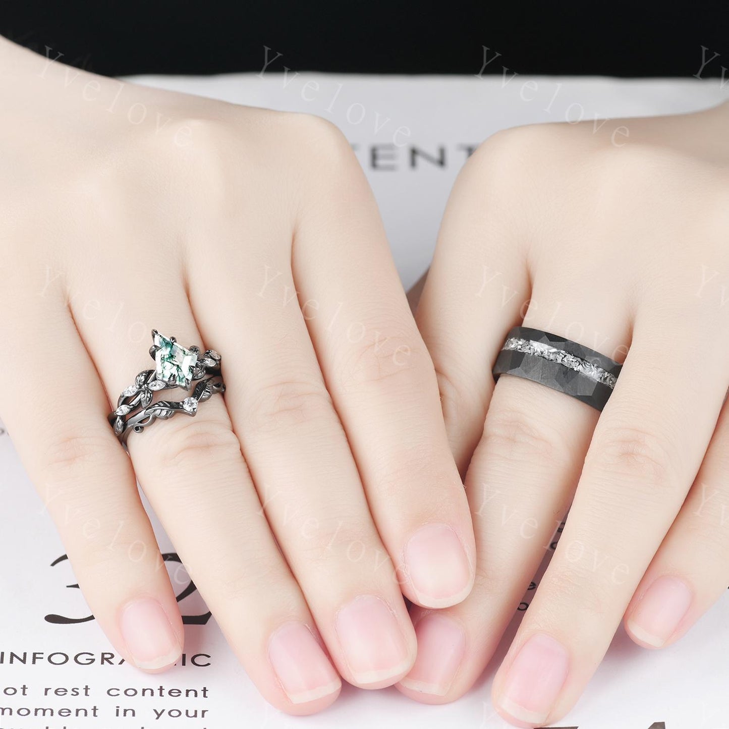 Unique Kite Cut Moss Agate Couple Ring Set Gothic Black Rings His and Hers Wedding Band Mens Galaxy Tungsten Ring Couples Promise Ring Set