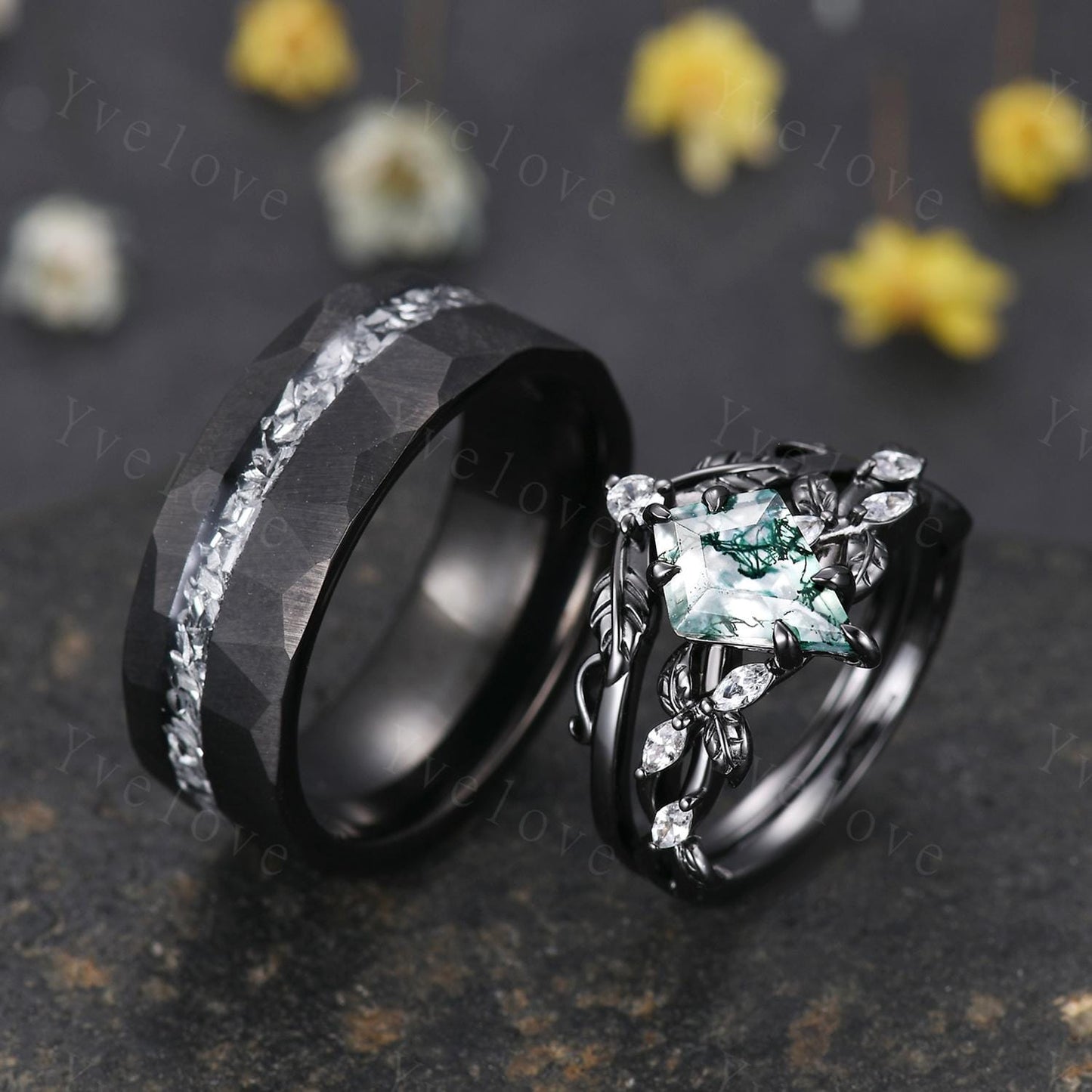 Unique Kite Cut Moss Agate Couple Ring Set Gothic Black Rings His and Hers Wedding Band Mens Galaxy Tungsten Ring Couples Promise Ring Set