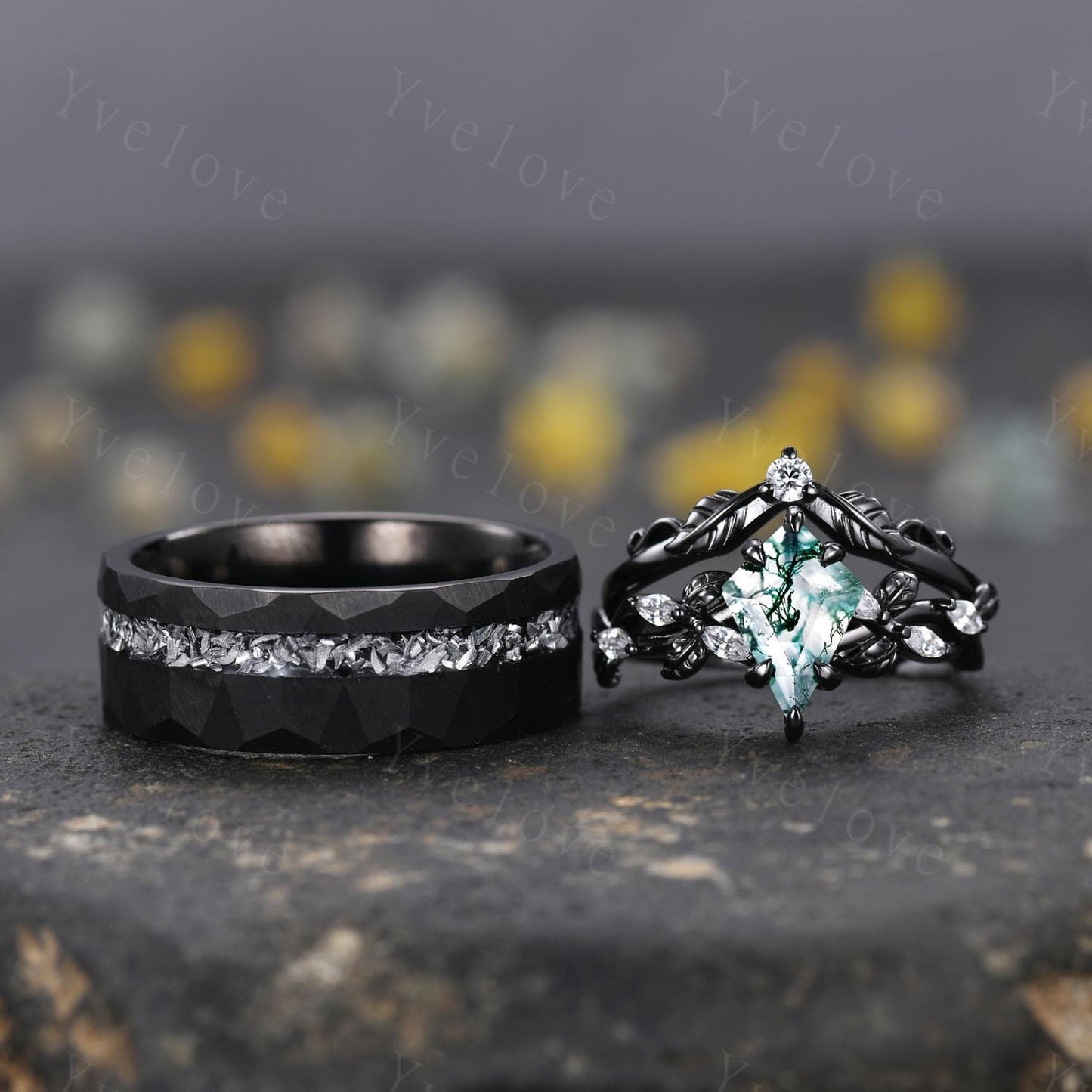 Unique Kite Cut Moss Agate Couple Ring Set Gothic Black Rings His and Hers Wedding Band Mens Galaxy Tungsten Ring Couples Promise Ring Set