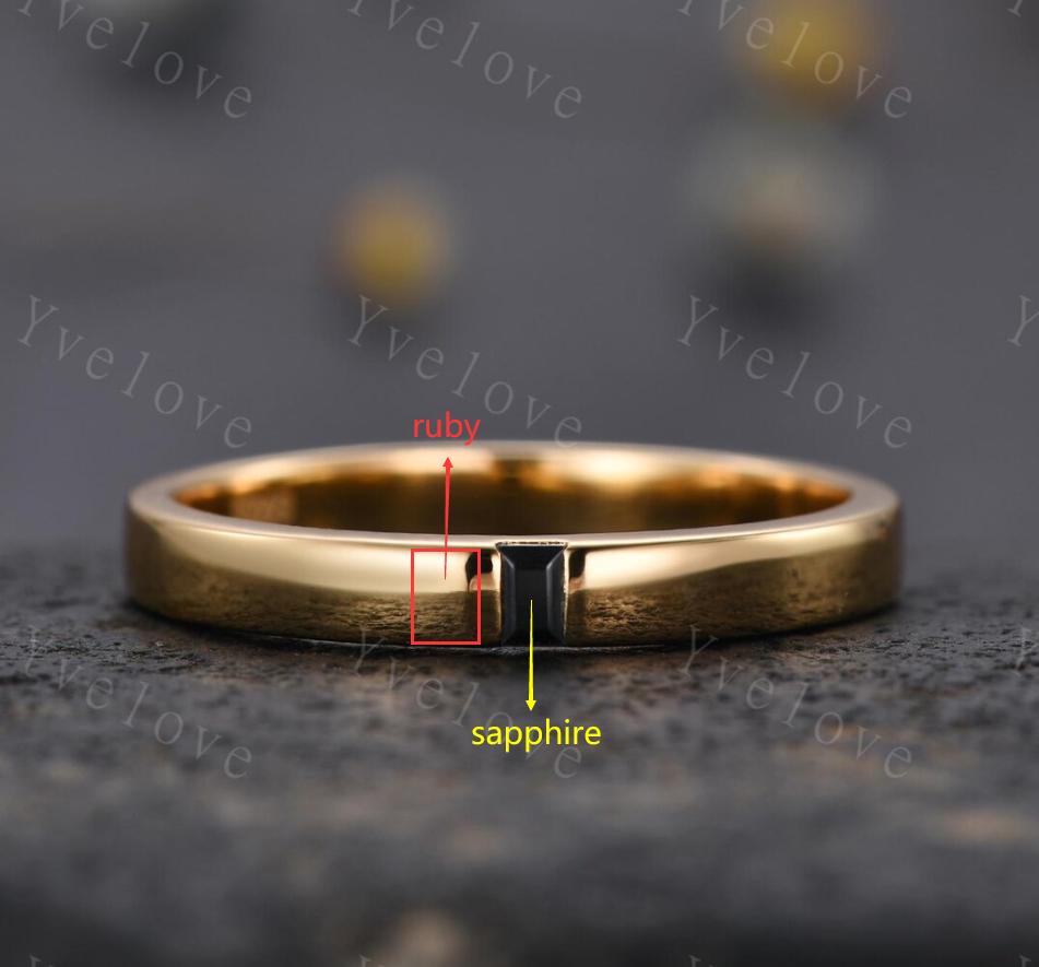 Custom order for Shelby, 3mm width smooth band, baguette ruby and sapphire, white gold plated.
