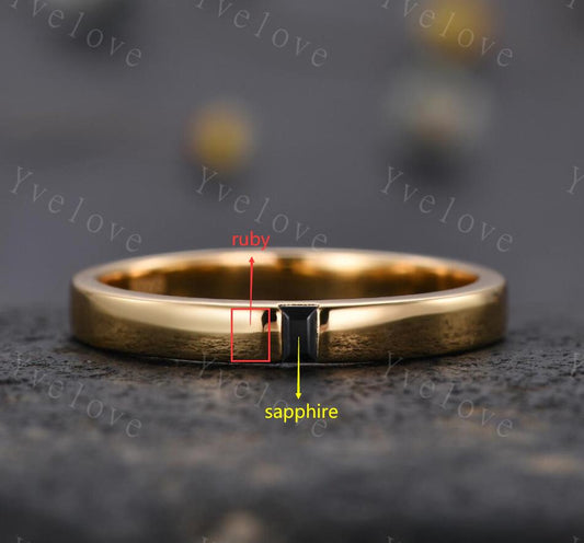 Custom order for Shelby, 3mm width smooth band, baguette ruby and sapphire, white gold plated.