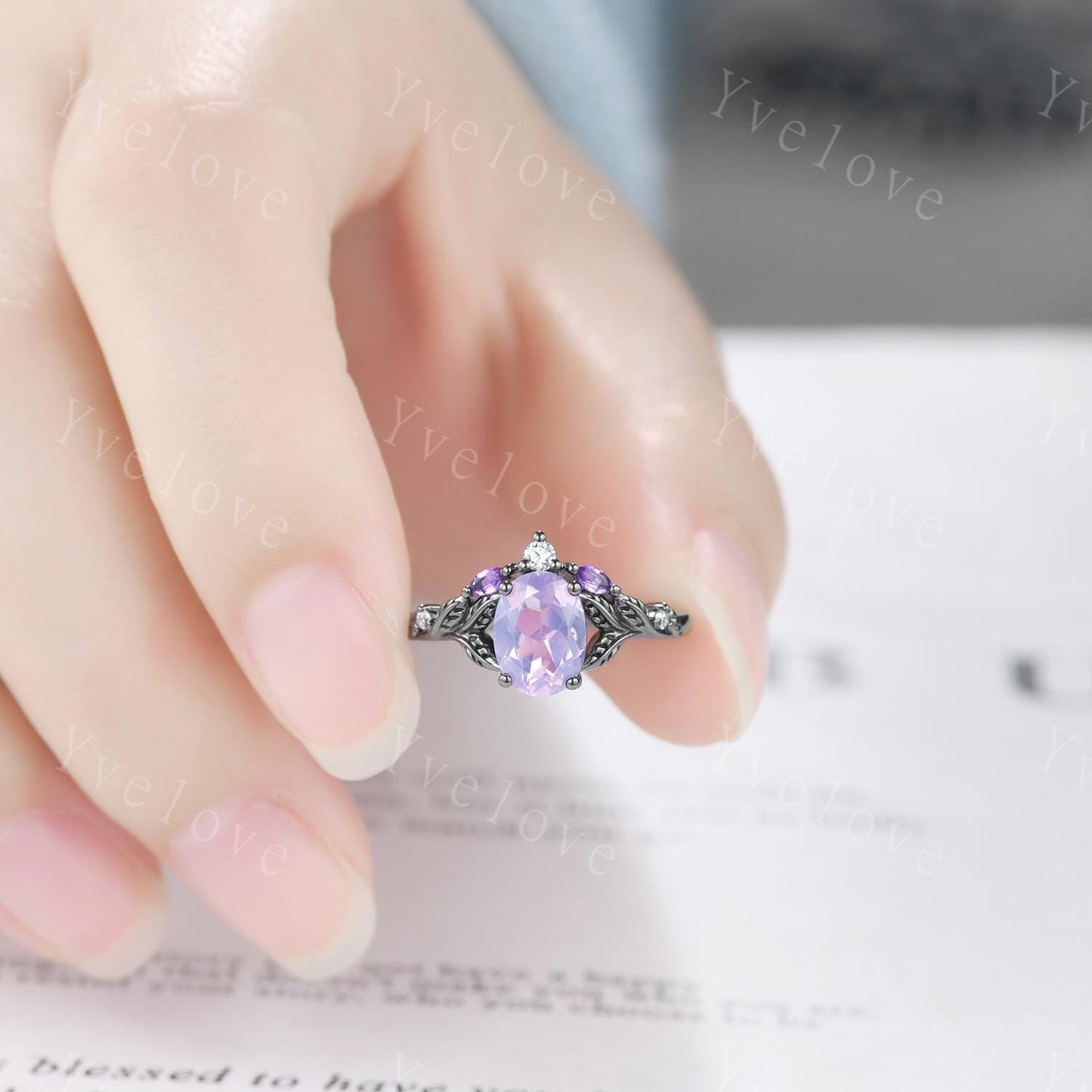 Purple Lavender Amethyst Engagement Ring February Birthstone Oval Amethyst Ring Black Gold Leaf Nature Inspired Bridal Ring Personalized