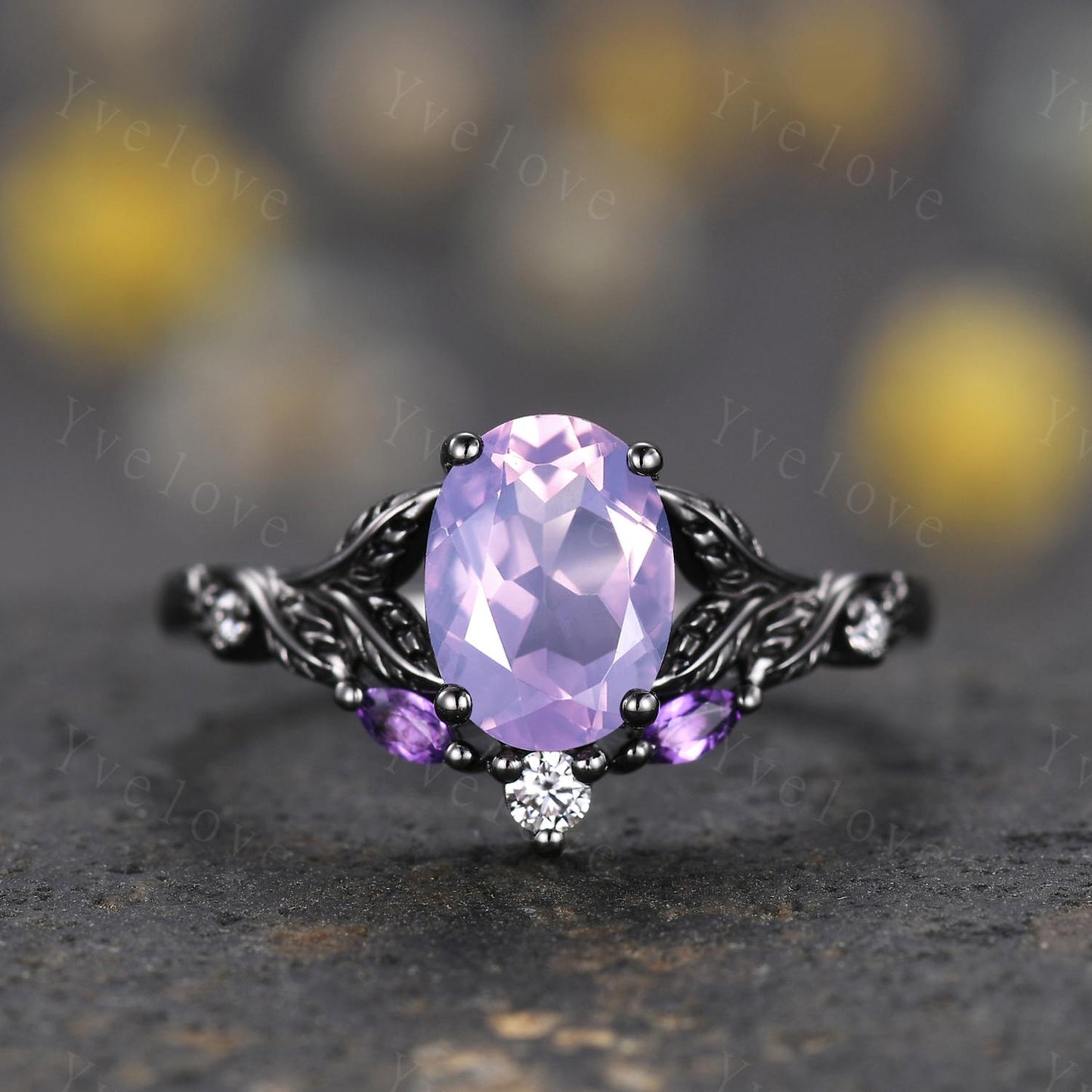 Purple Lavender Amethyst Engagement Ring February Birthstone Oval Amethyst Ring Black Gold Leaf Nature Inspired Bridal Ring Personalized