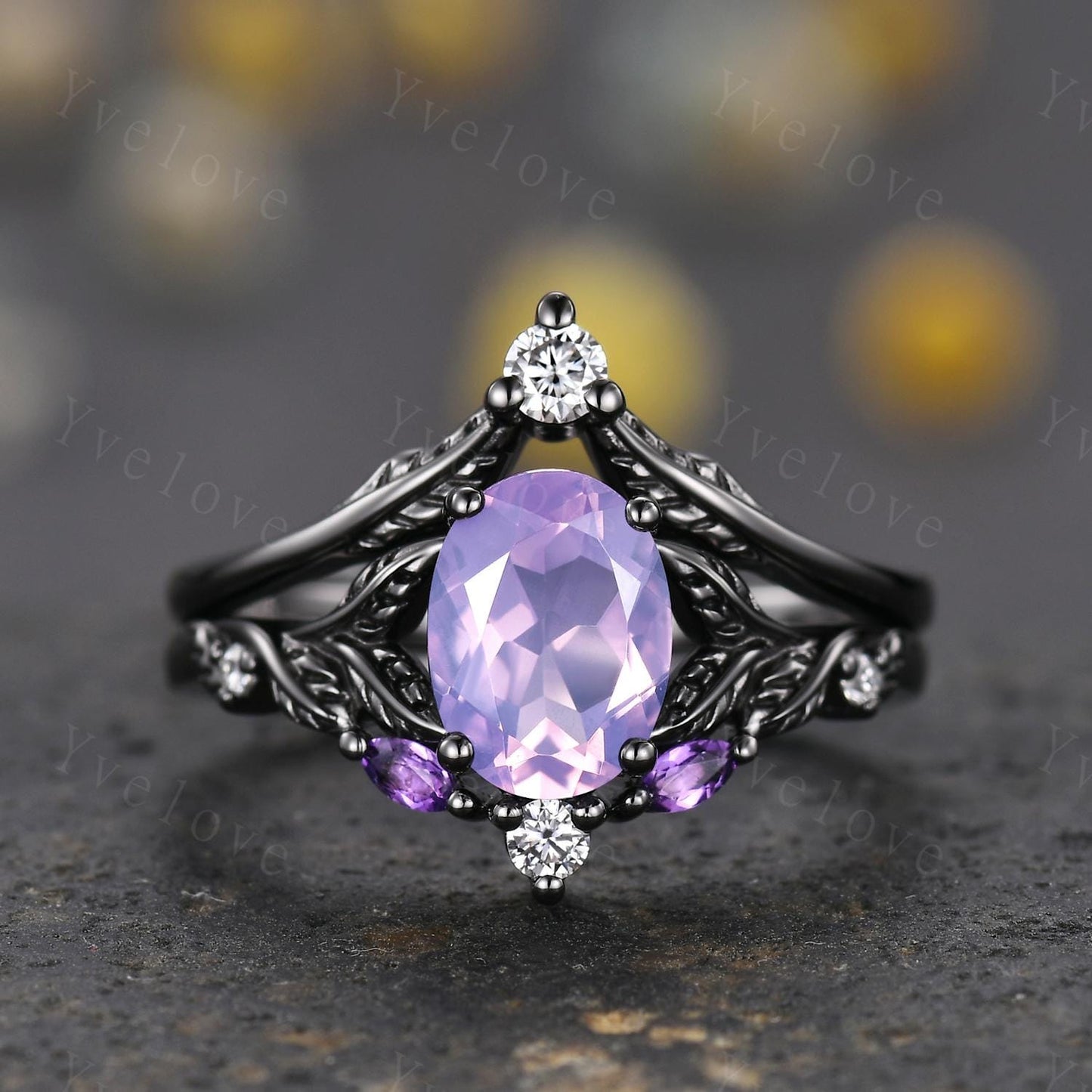 Natural Lavender Amethyst Engagement Ring Set February Birthstone Oval Cut Amethyst Ring Black Gold Leaf Nature Inspired Bridal Ring Set