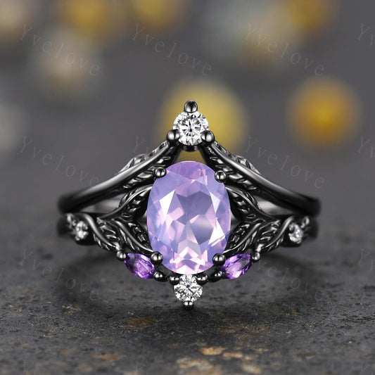 Natural Lavender Amethyst Engagement Ring Set February Birthstone Oval Cut Amethyst Ring Black Gold Leaf Nature Inspired Bridal Ring Set