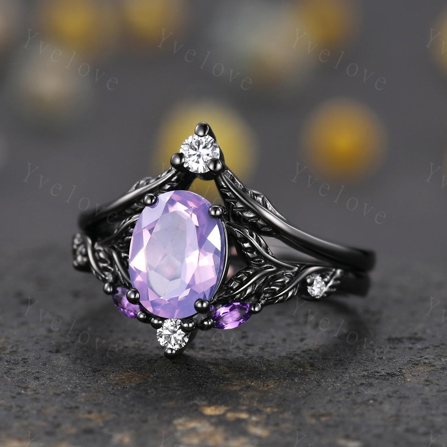 Natural Lavender Amethyst Engagement Ring Set February Birthstone Oval Cut Amethyst Ring Black Gold Leaf Nature Inspired Bridal Ring Set