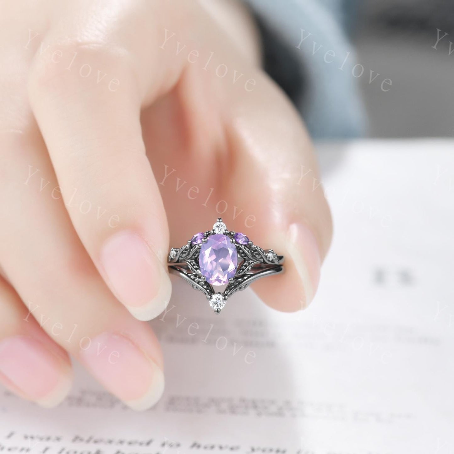 Purple Lavender Amethyst Engagement Ring February Birthstone Oval Amethyst Ring Black Gold Leaf Nature Inspired Bridal Ring Personalized