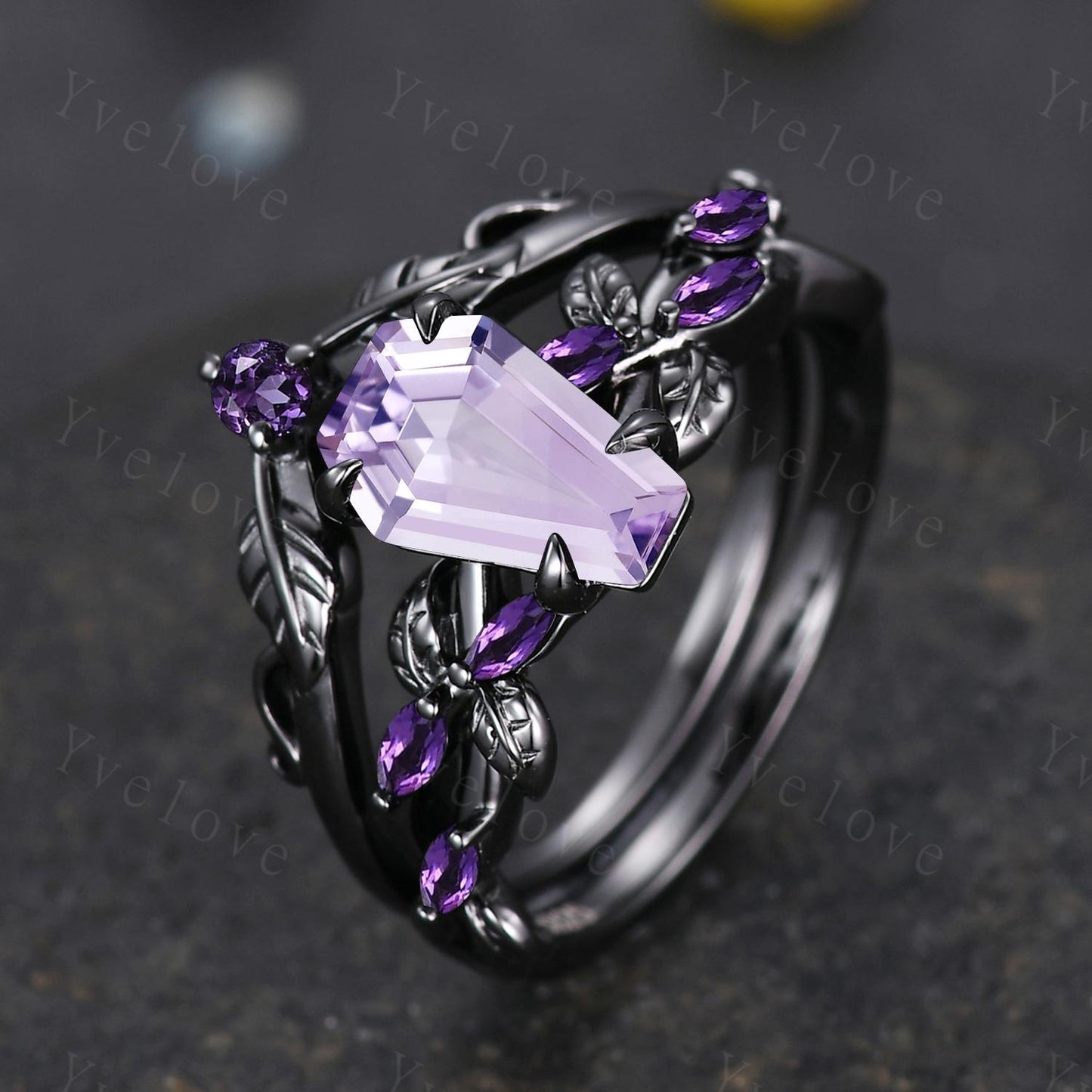 Coffin Shape Lavender Amethyst Engagement Ring,Vintage Twig Vine Leaf Ring,Antique Amethyst Bridal Promise Ring Anniversary Gift Black Gold