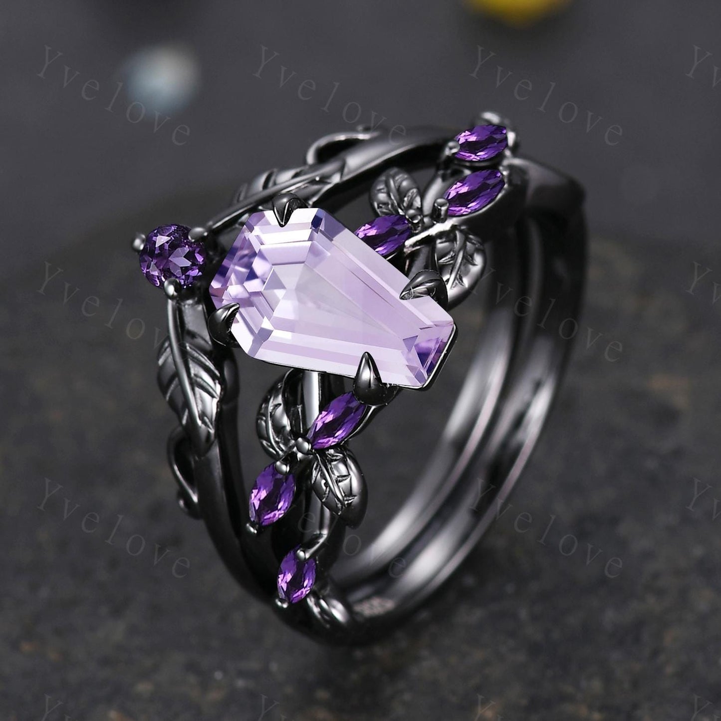 Coffin Shape Lavender Amethyst Ring,Vintage Twig Vine Leaf Ring,Antique Amethyst Bridal Promise Ring Set Anniversary Gift Black Gold band