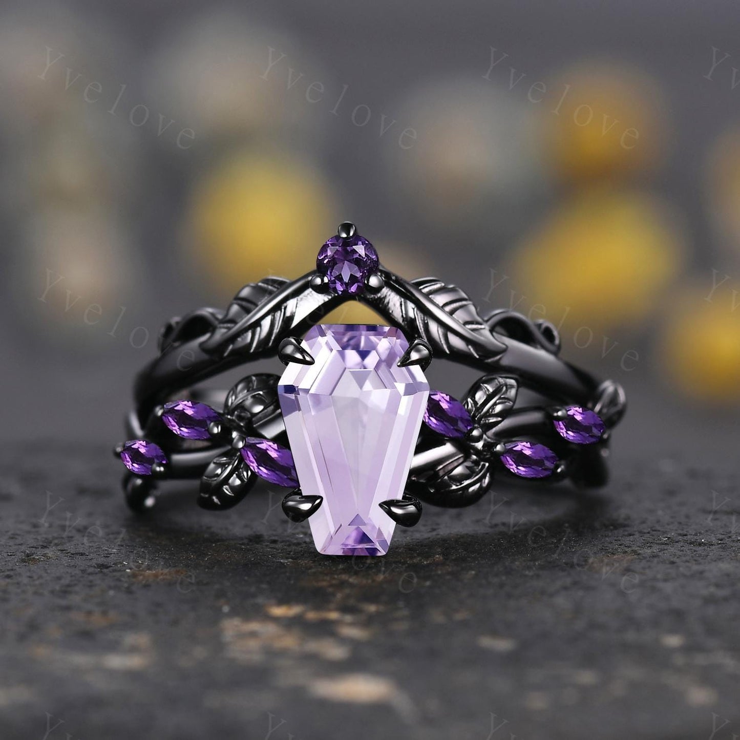 Coffin Shape Lavender Amethyst Ring,Vintage Twig Vine Leaf Ring,Antique Amethyst Bridal Promise Ring Set Anniversary Gift Black Gold band
