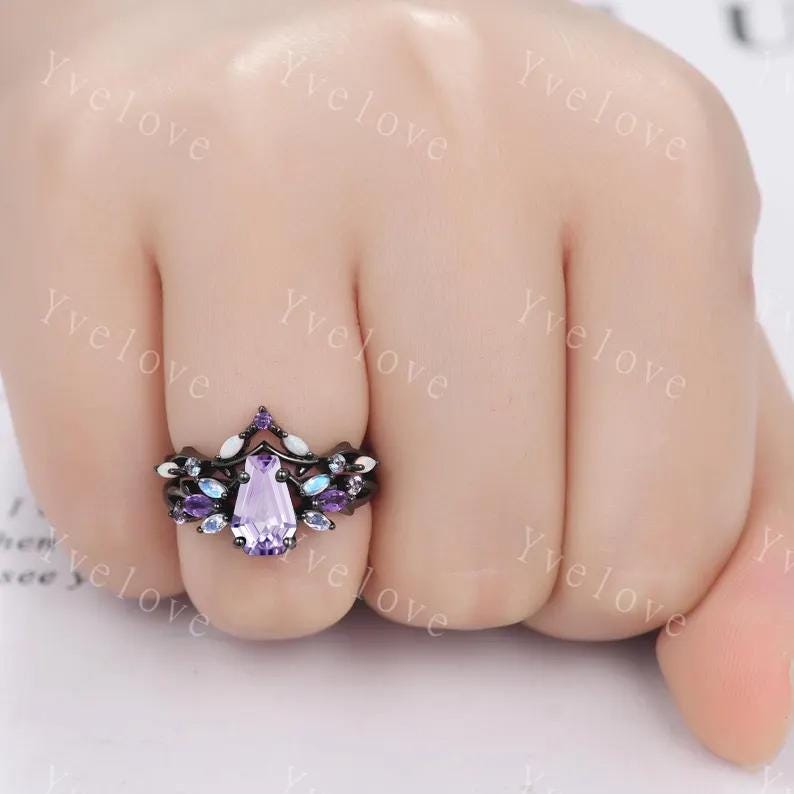 Gothic Coffin Lavender Amethyst Engagement Ring,Black Gold Ring,Vines Moonstone Pink Sapphire Ring,Bridal Set Anniversary Gift Promise Ring